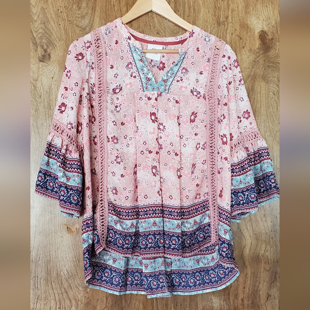 Knox Rose Pink and Teal Patterned Blouse